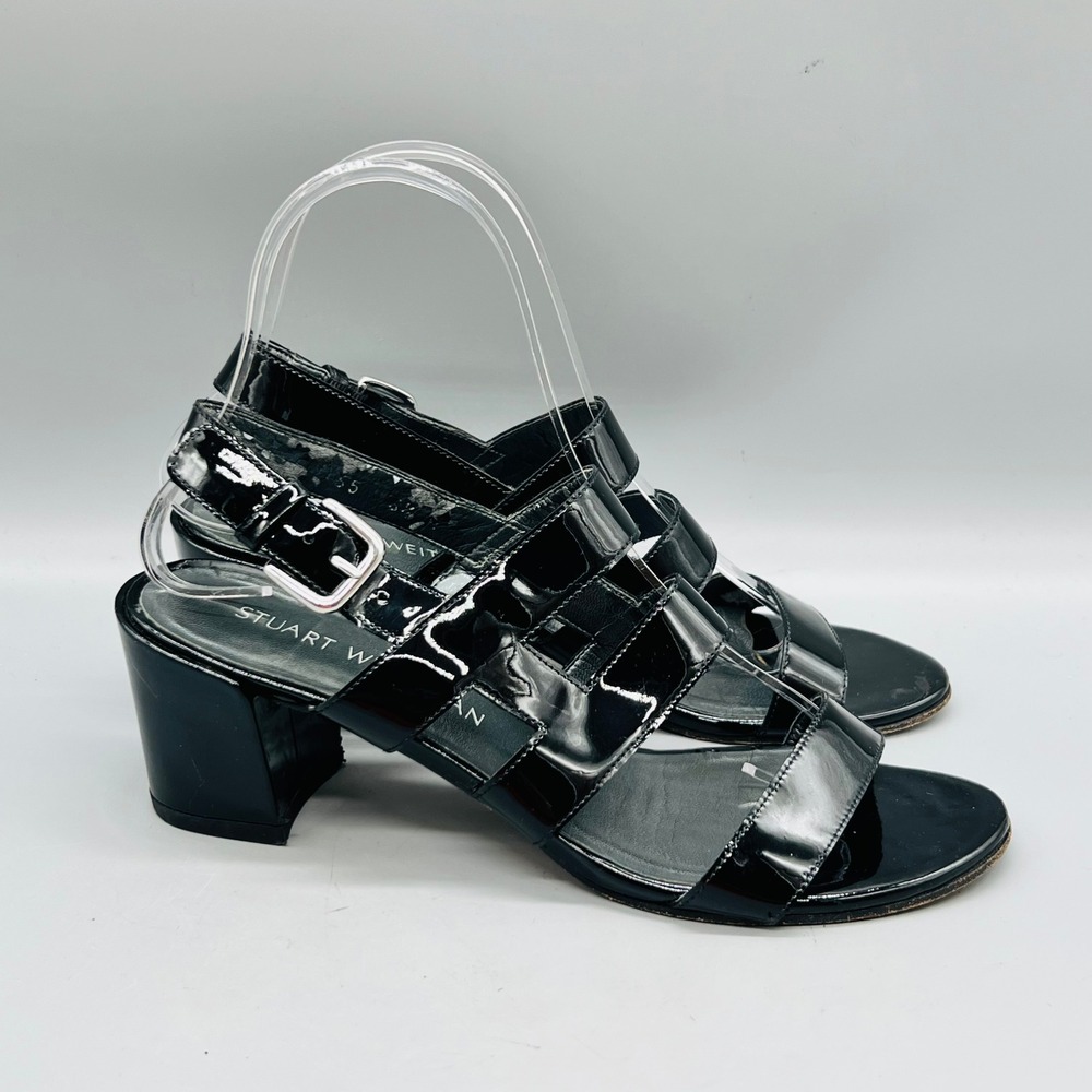 Stuart Weitzman Sandals Womens 6.5 Black Patent Leather Strappy Block Heel Shoes